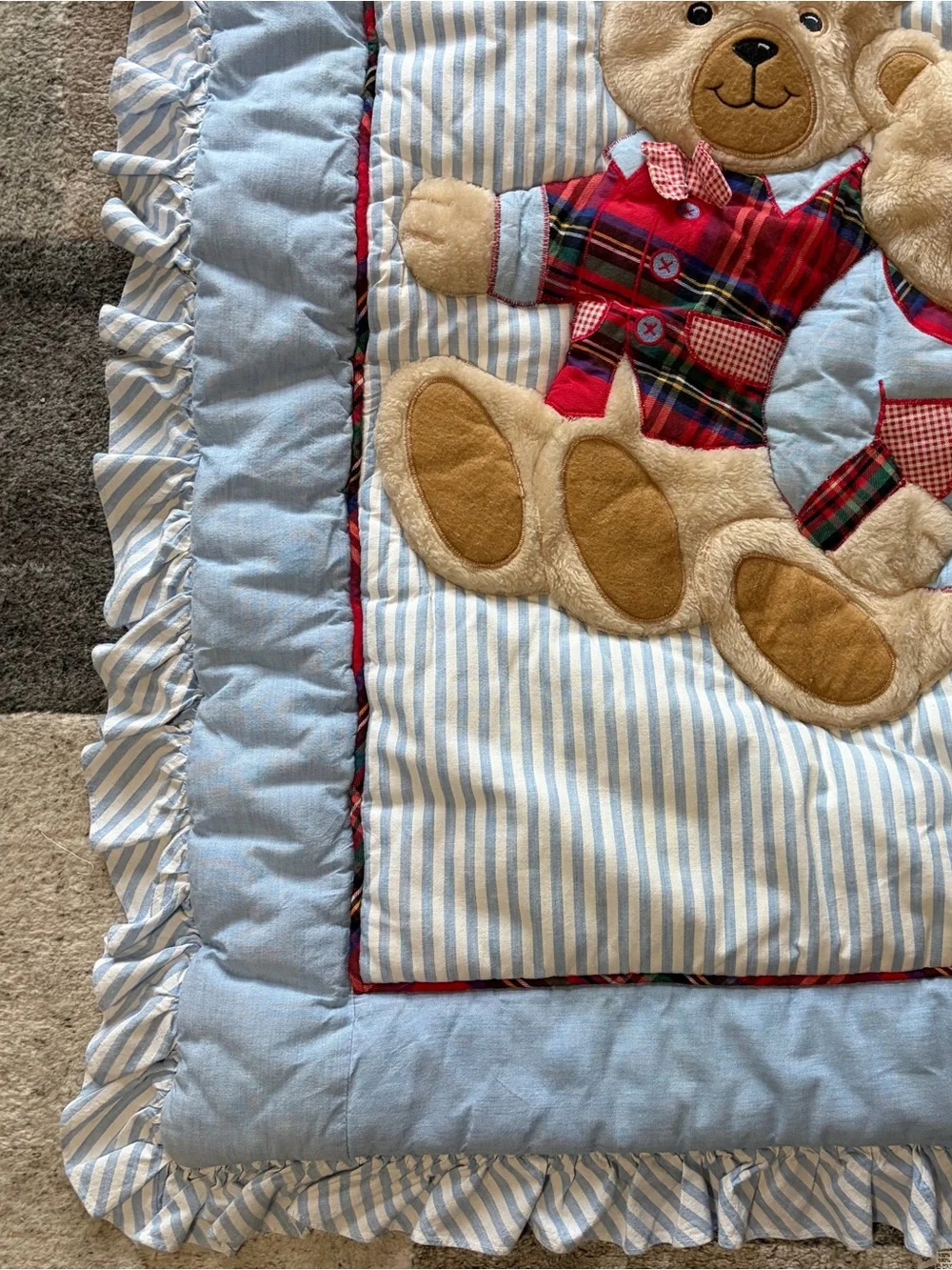 Vintage NoJo USA Teddy Bear Baby Blanket Quilt Playmat Ruffle Blue Striped 90s